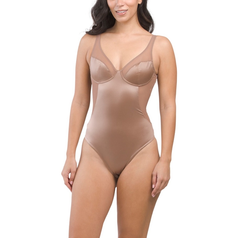 Spanx Thong Bodysuit Women Medium Cafe Au Laite NWT Mesh Trimmed Stretch Satin